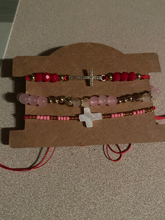 3 in 1 pink cross bracelet set